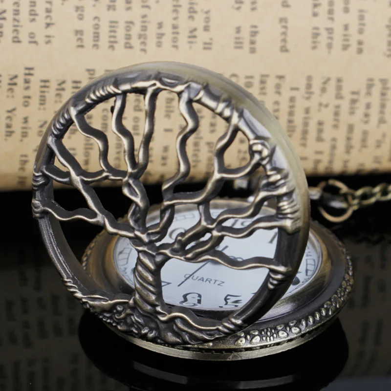 Steampunk Retro Bronze Hollow Tree of Life Quartz Pocket Watch with Fob Chain Women Men Watch Pendant Necklace ExquisiteGift