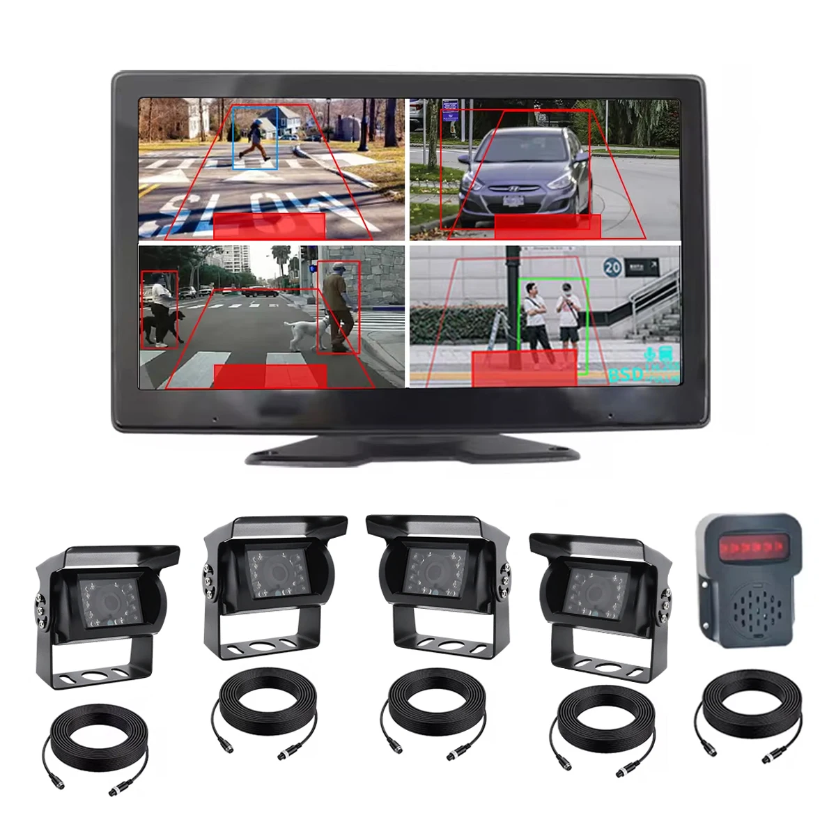 

Pwas Monitor 10.1 Inch Touch Quad Screen 4CH BSD Pedestrian Detection Camera System +External Buzzer for Truck for Truck Bus