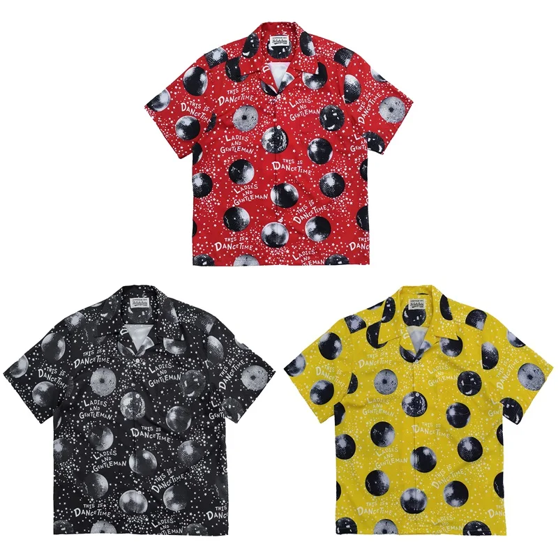 

Mens Womens Trendy WACKO MARIA High Street Vintage Summer Full Print Mirror Ball Pattern Hawaii Short Sleeve Shirt
