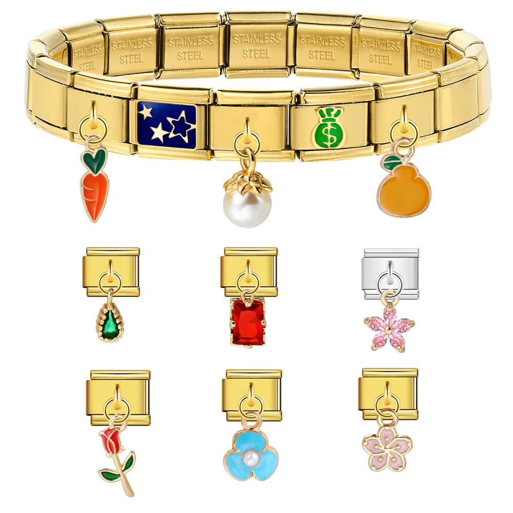 Design Fruit Vegetable Petals Elastic Pendant Charm Chain Italian Stainless Steel Link Fit 9mm Making Bracelet Jewelry DIY Gifts
