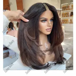 Highlight Chocolate Brown V Part Wigs 100% Human Hair Natural Straight U Part Wigs Human Hair European Hair Preplucked Glueless