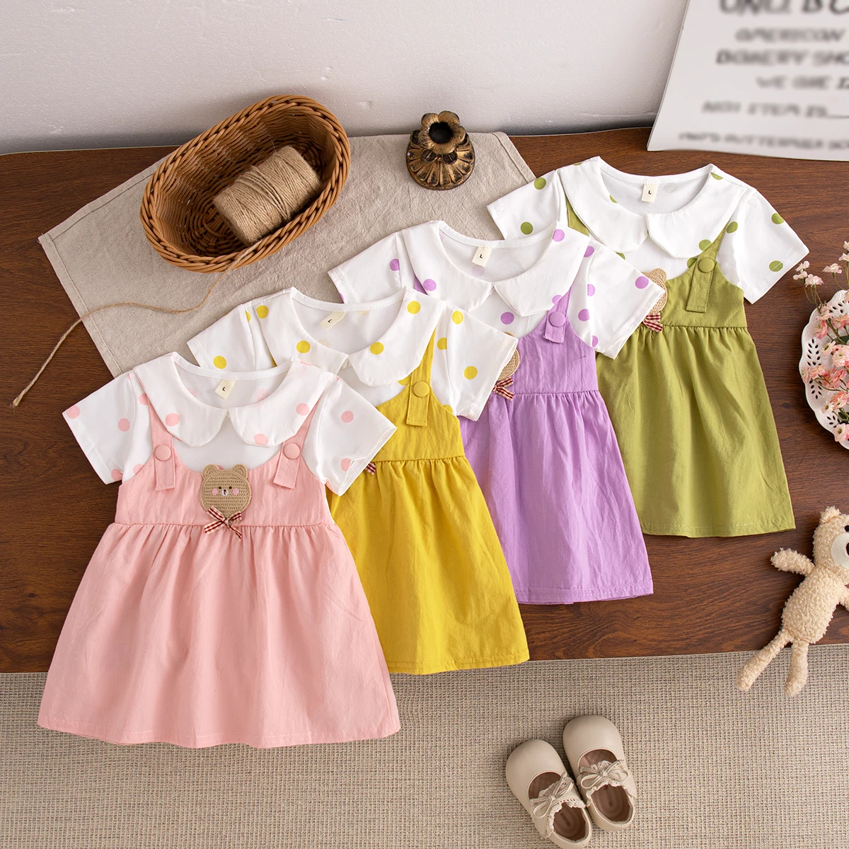 Summer New Baby Girl Dress Cute Teddy Bear Imitation Two Pieces Baby Daily Outdoor Wear Baby Clothing 6 Months -2 Years Old
