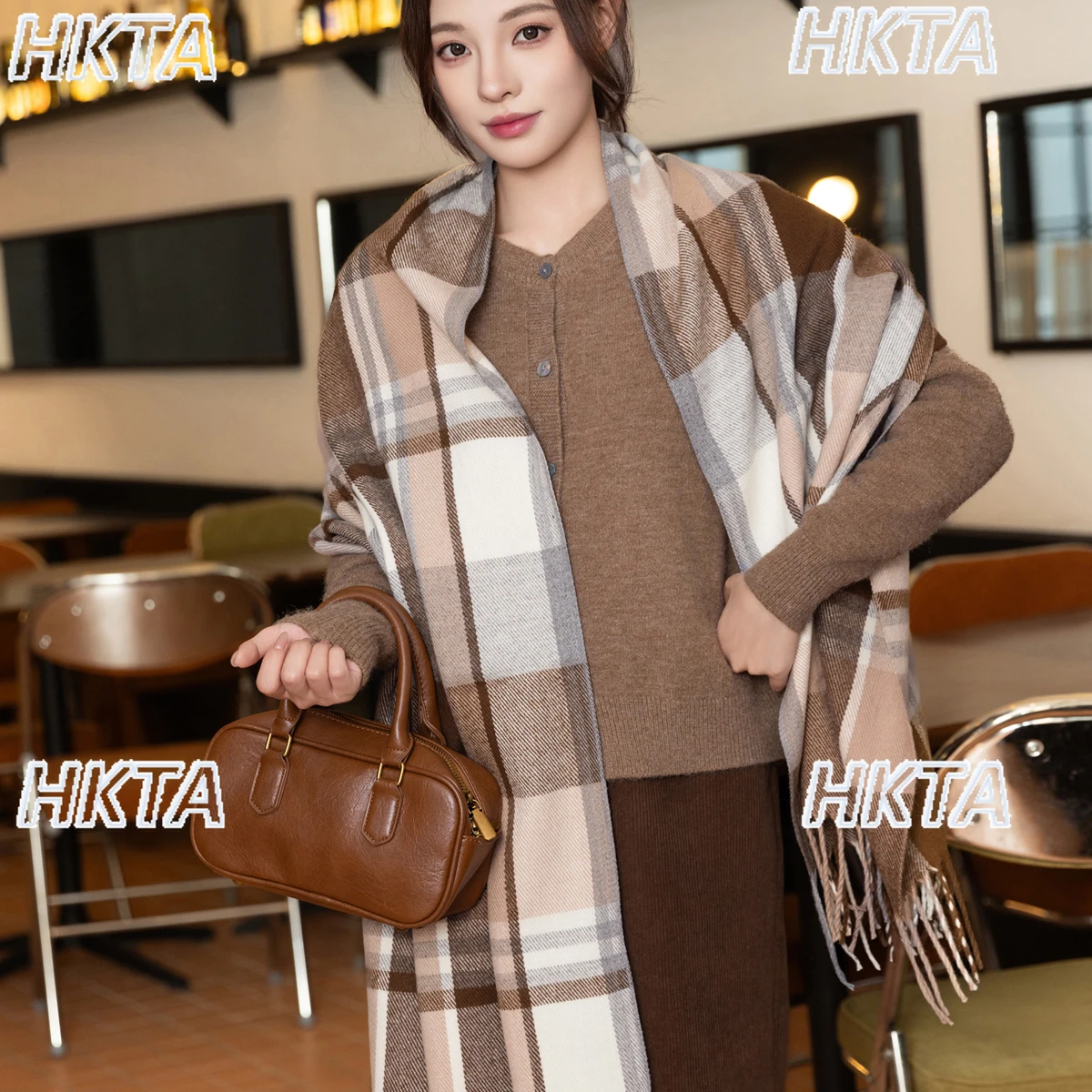 

Элегантный теплый повседневный универсальный шарф-шаль, женский осенний пригородный клетчатый шарф с кисточками в тон, аксессуары для одежды, женские