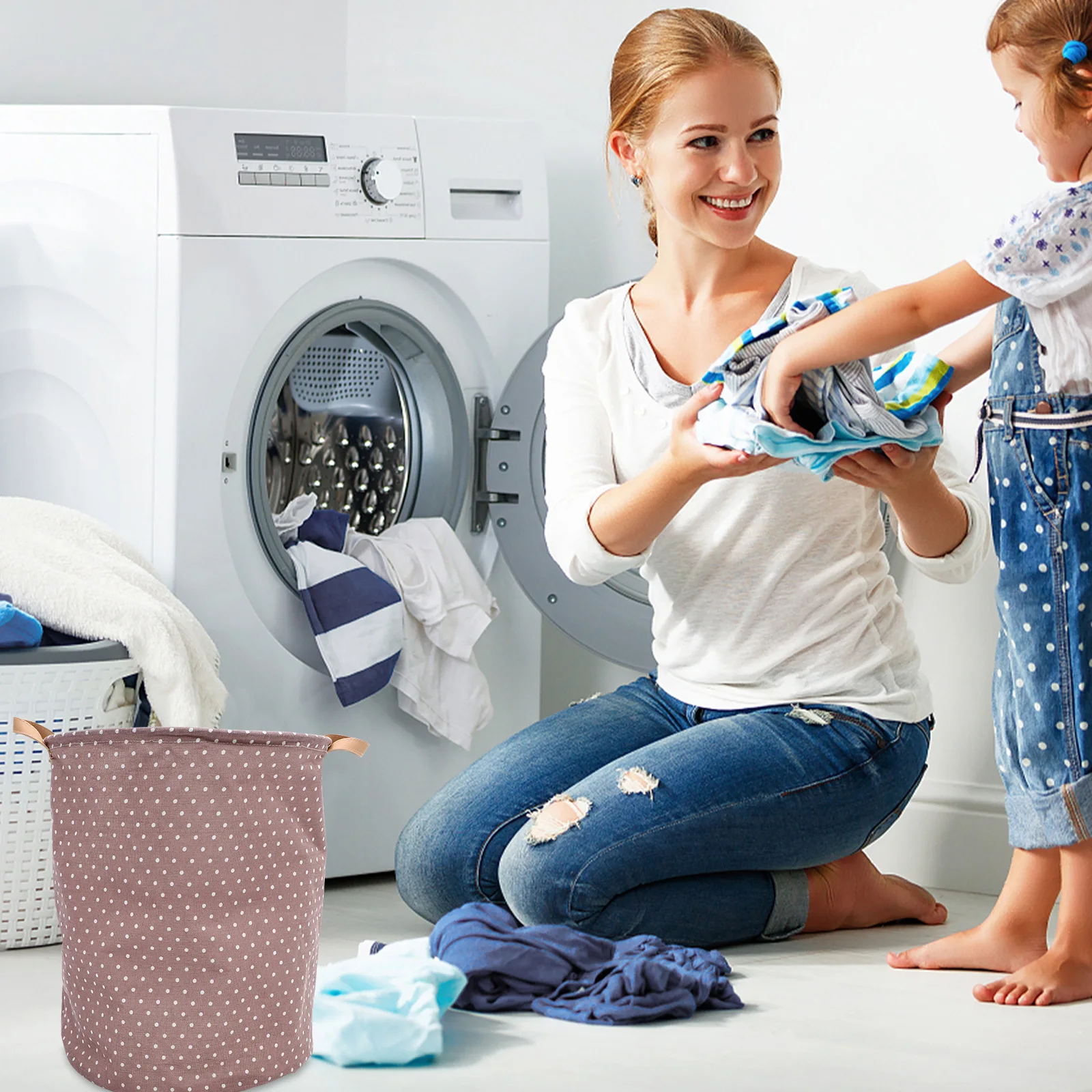 

Large Polka Dot Laundry Basket Fabric Storage Bag Collapsible Home Organizer Laundry Storage Basket for Bedroom Bathroom Dorm