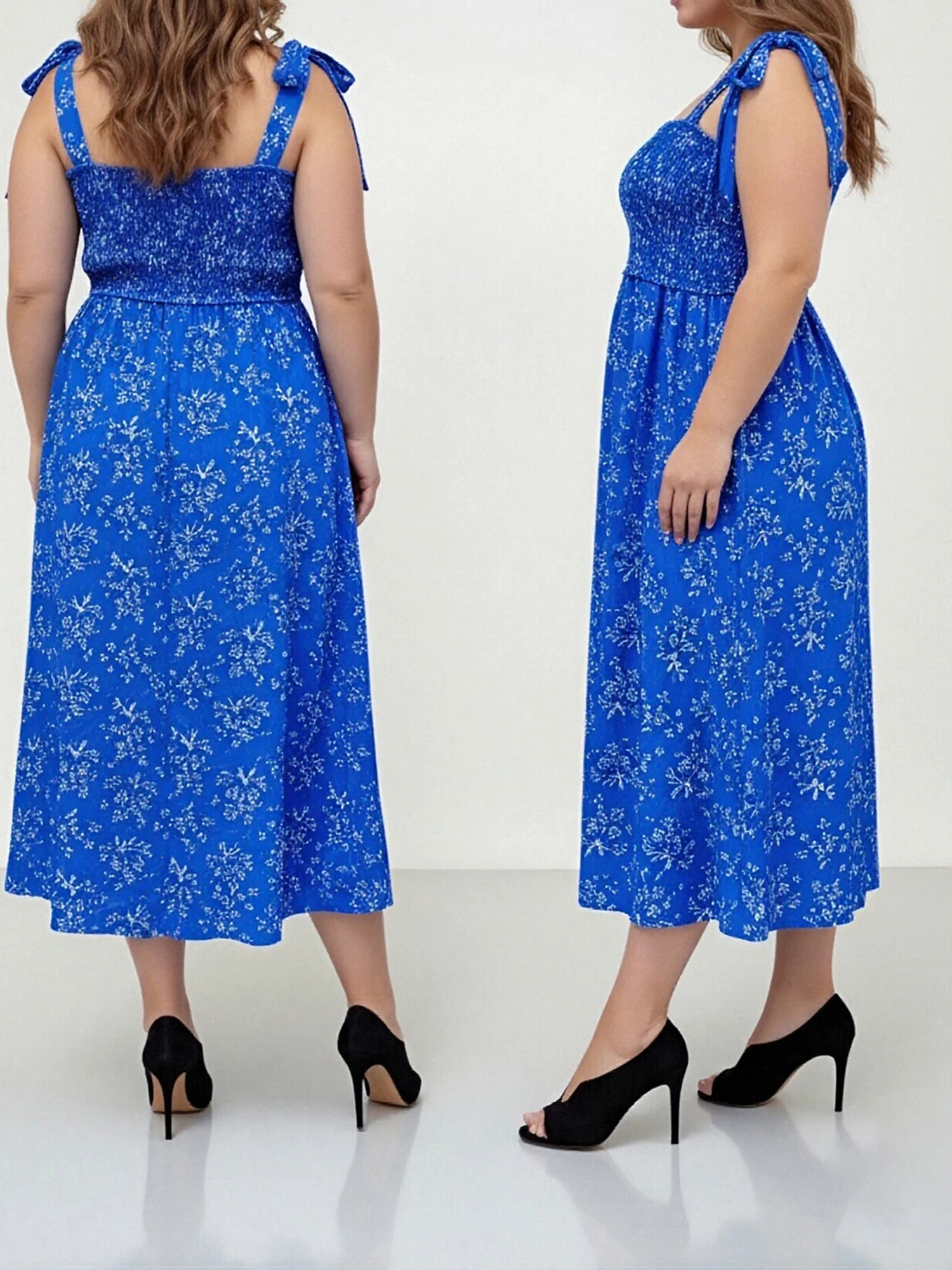 فستان نسائي مقاس كبير مزين بالورود صيفي عصري بدون أكمام وحاشية مكشكشة فستان طويل