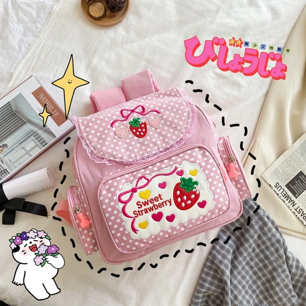 

Милая школьная сумка с рисунком клубники и бантом Mochila в горошек, рюкзак для девочек с несколькими карманами, большой вместительный студенческий рюкзак для женщин