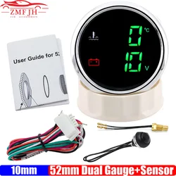 Green LED 2 In 1 Dual Gauge 40-120℃ 104-248℉ 52mm Water Temperature Meter+Voltmeter with Sensor for Boat Car Yacht 12V24V Custom
