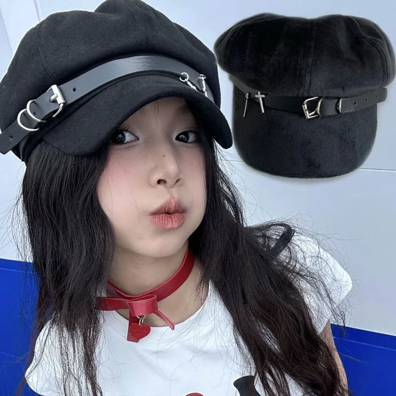 

Y2K Women Harajuku Berets Hats Caps for Girl Gothic Punk Lolita Cross Pendant Star Rock Caps Decorative Sun Hat Make Customized
