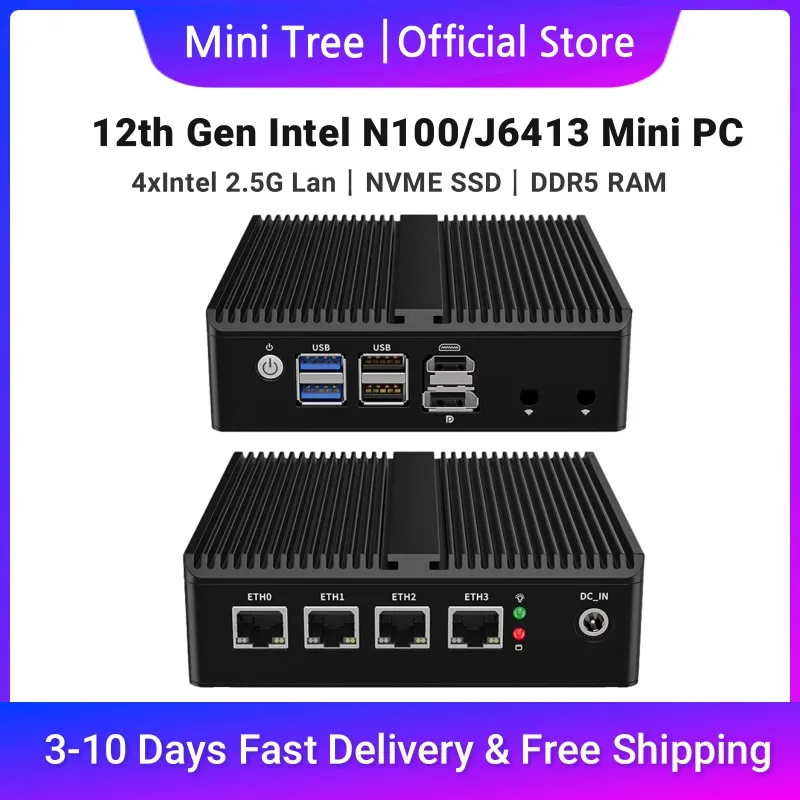 12th Gen Intel N100 Mini PC OpenWrt DDR5 4xi226 2.5G Lan J6412 Fanless Industrial Mini Computer Firewall Soft Router Mini PCie