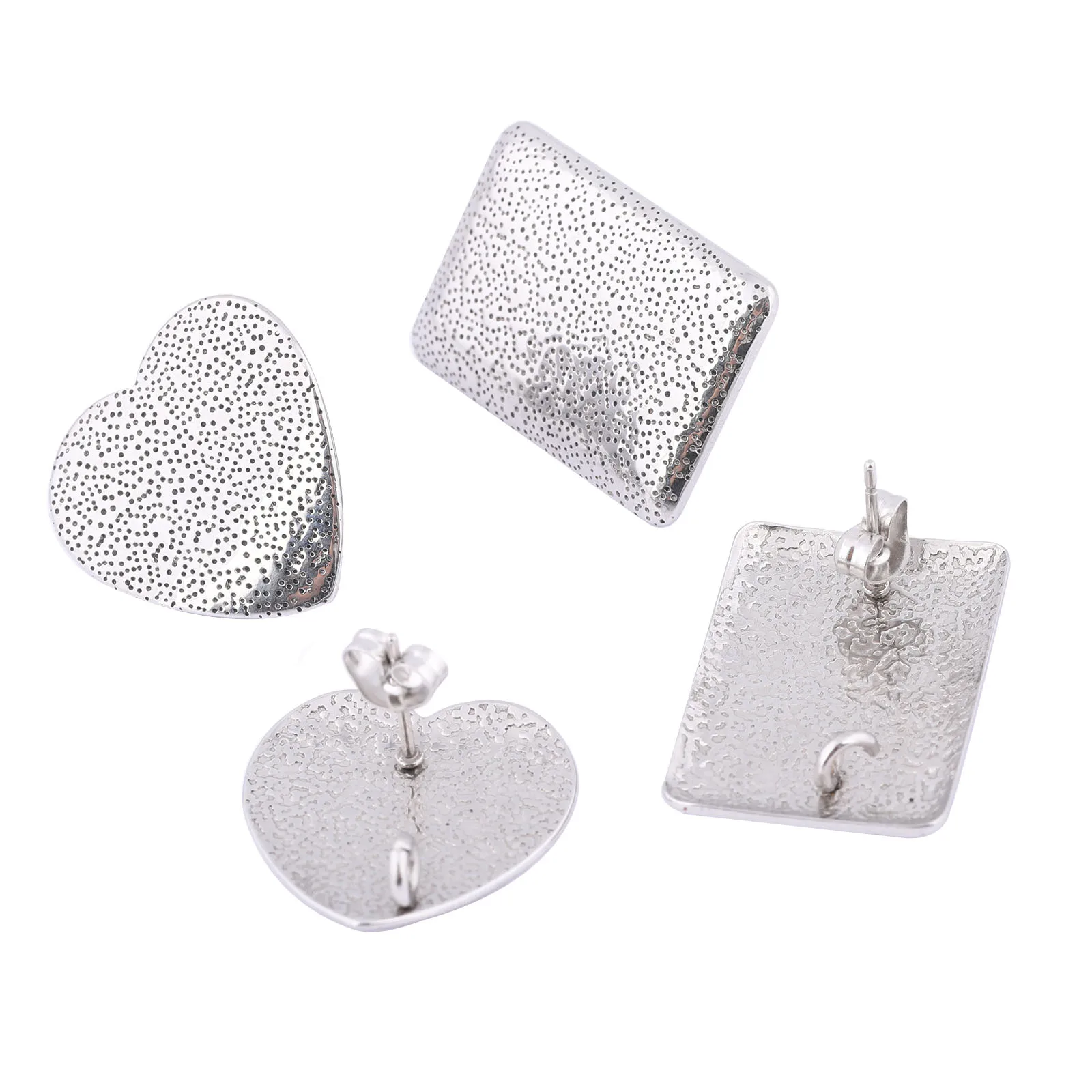 10pcs Stainless Steel Heart Rectangle Stud Earring Post Findings With Loop Diy Ear Connectors For Jewelry Making Supplies