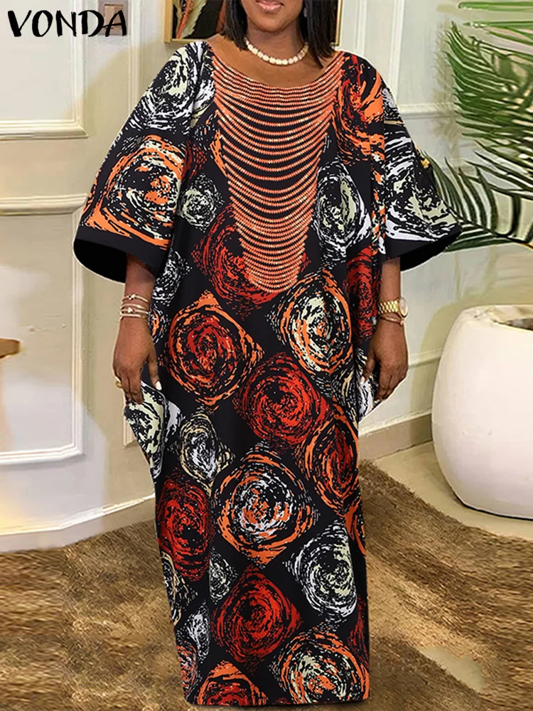 VONDA Women Long Maxi Dress 2024 Bohemian Party Vestidos Causal Puff 3/4 Sleeve Foral Printed Round Neck Eelgant Sundress