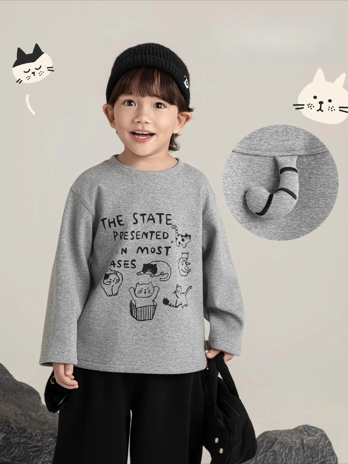 Boys Winter T Shirt 2025 Fleece Lined Cat Print Thermal Cute Skin Friendly Versatile Festive Gift Top 1-7 Years
