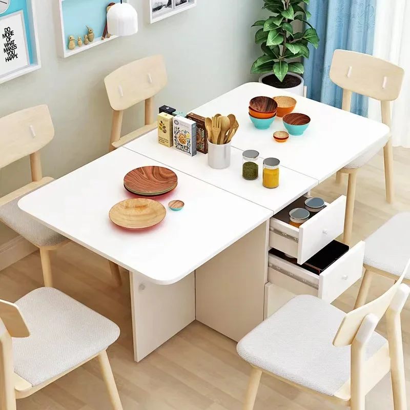 Table family small solid wood telescopic dining table modern simple light luxury folding dining table and chair combination