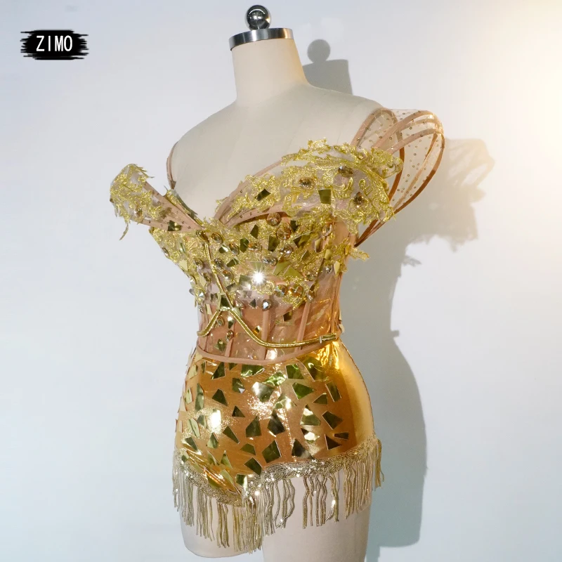 Сексуальное и роскошное платье с золотыми блестками и кисточками на спине и рукавами для латинских танцев на день рождения, Dj Club Ds Performance, наряд Drag Queen