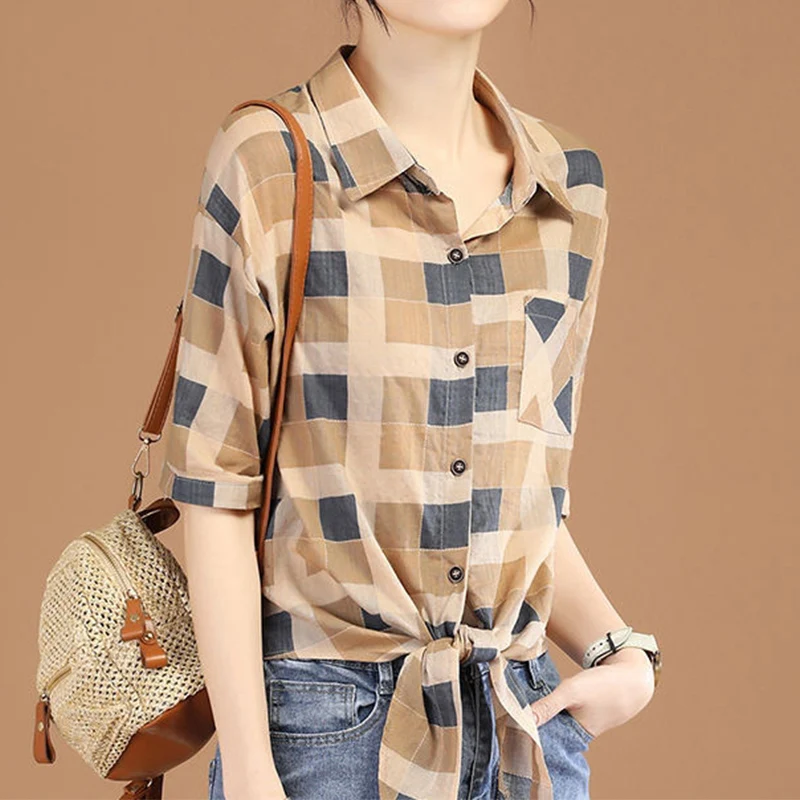 Office Lady Casual Plaid Printing Drawstring Button Shirt Summer 2023 Commute Polo-Neck Short Sleeve Loose Tops Women\'s Clothing