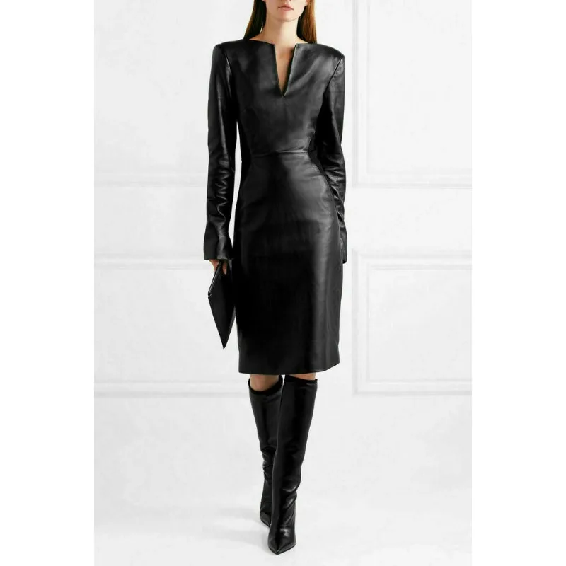 

Women's Leather Dress Authentic 100% Genuine Sheepskin Tight Fitting V-neck Dress with European and American Fashion Trends