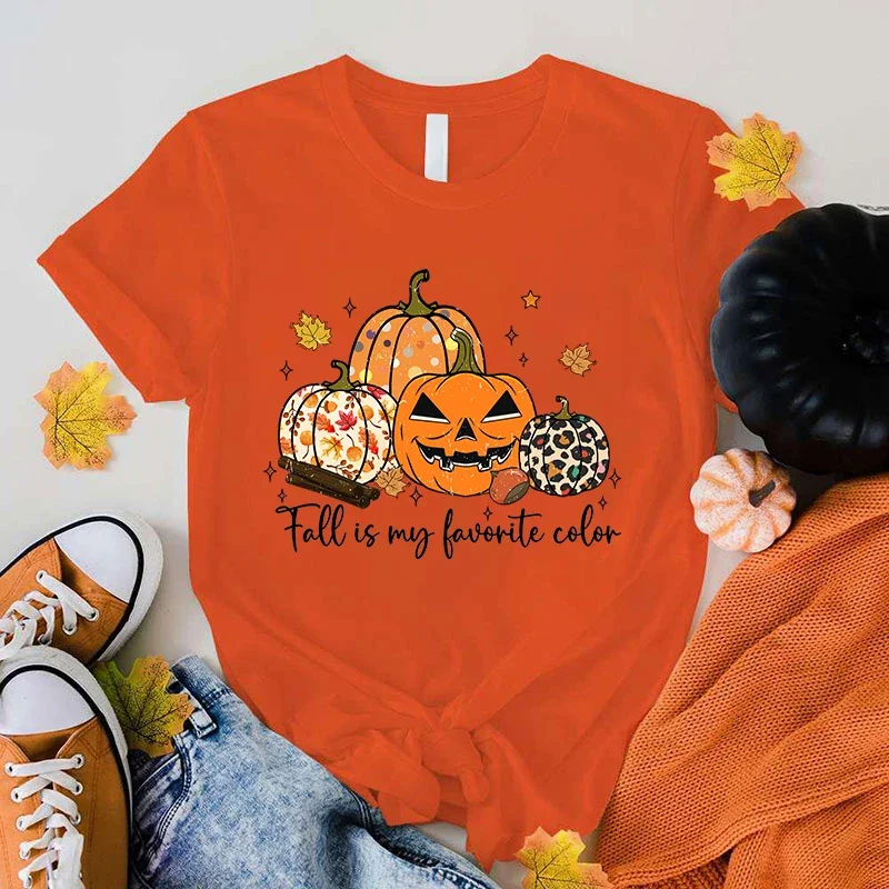 (Premium T-shirt)Funny Fall Pumpkin Is My Favorite Color Printed T-Shirts For Women Summer Short Sleeve Round Neck Cute Tops