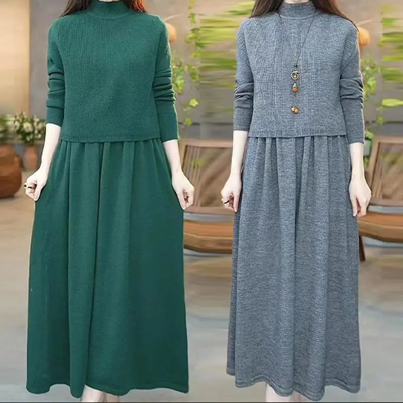 2pcs Women Vest Knit Dress Set 2024 New Autumn Winter Clothes Fashon Korean Oversize Half High Collar Female Bottom Sweater