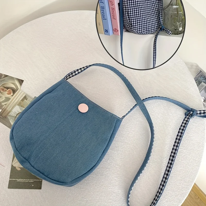 

Cute egg bag ins minimalist phone bag women's versatile denim single shoulder small bag Japanese grid lined crossbody bag