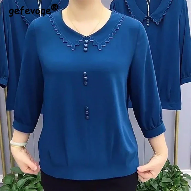 

Women's Autumn New Loose Oversize O Neck Shirt Middle-aged Mother Bottoming Blouse