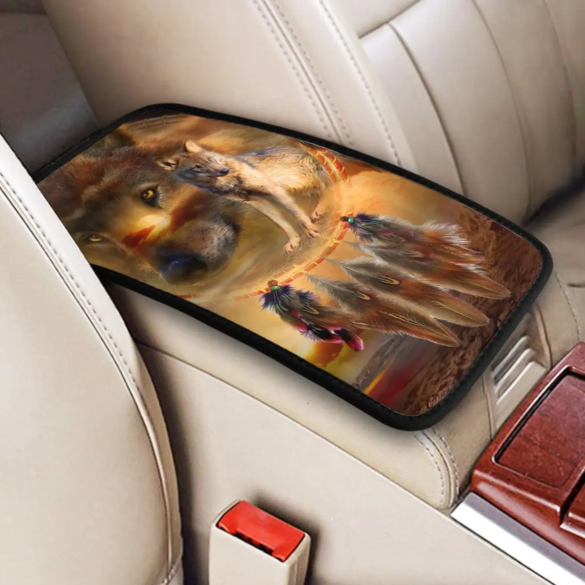 

Dream Catcher WolfLand Car Accessories Car Handrail Box Cushion Custom Print Non-slip Car Armrest Cover