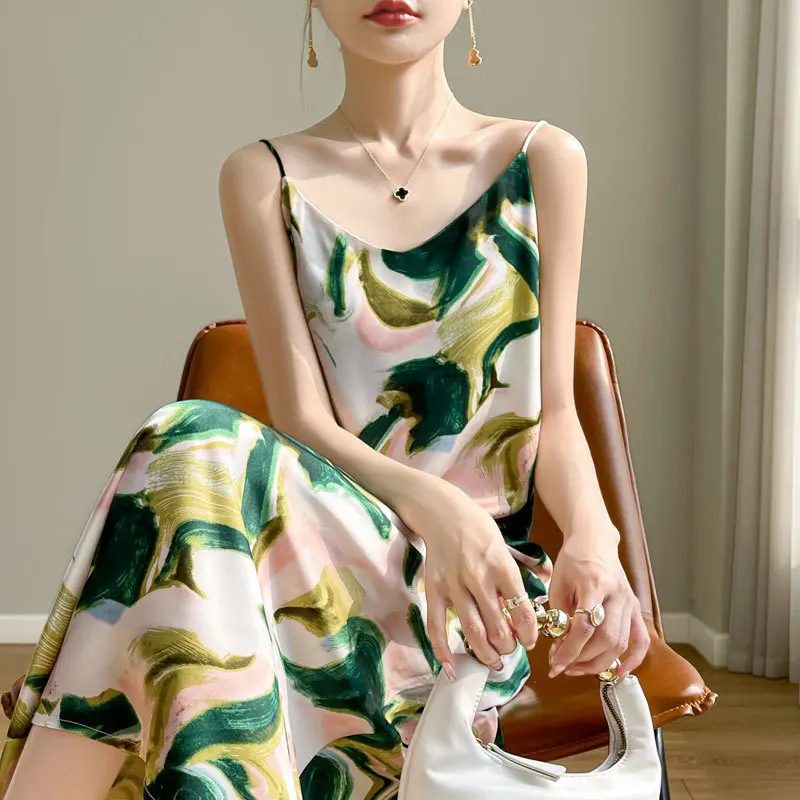 

Elegant Acetate Dress Oil Painting Style Mid-Length Vest Strap Floral Print Skirt Commute Style U-Neckline Single Piece Sprin...