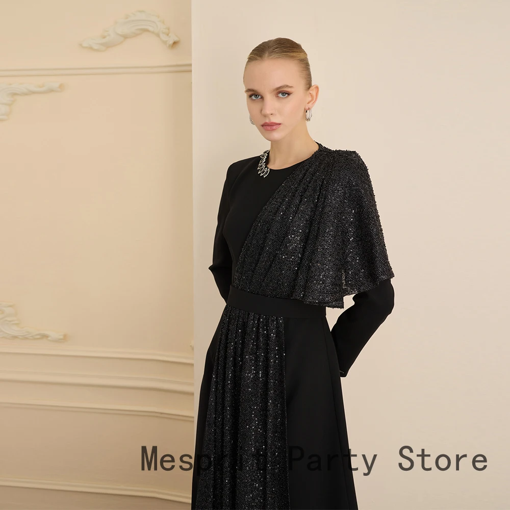 Czarna Sukienka Wieczorowa Do Kostek Sukienka na Bal Studniówkowy Linia A Suknia Wieczorowa Długi Rękaw Dekolt O Koraliki Sukienka Saudyjska Z Cekinami