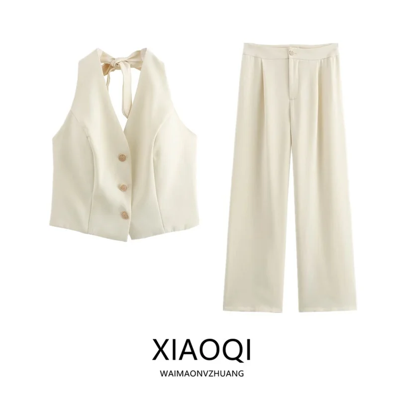 

Summer 2024 Women's Lace Ba Strap Vest Pants Two-Piece Set Faionable Ne Hanging Long Sve Top And High Waist Pants