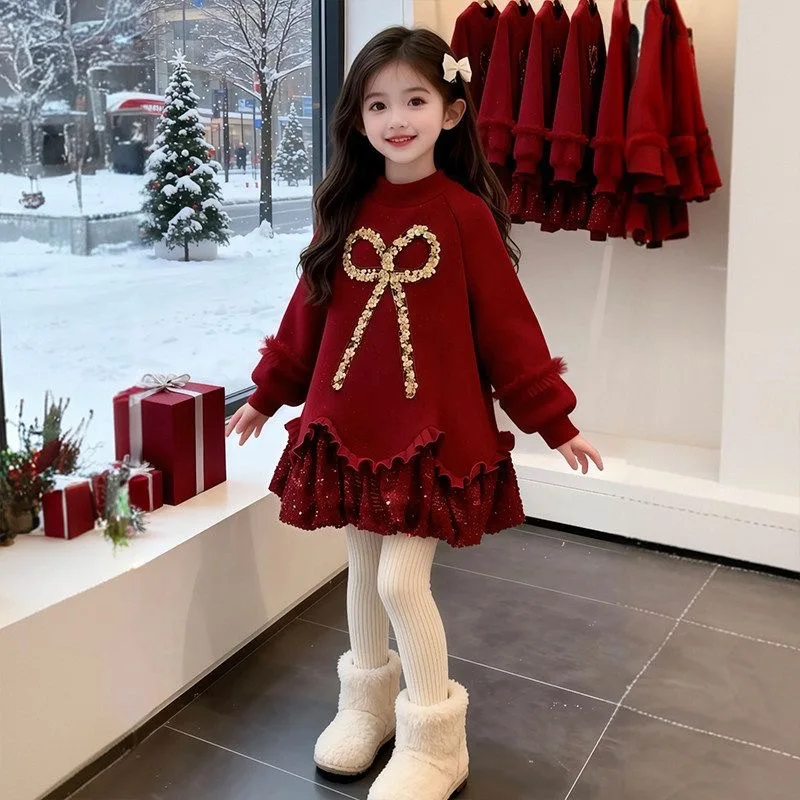 2026 Autumn Long Sleeve Kid Party Retro Red Bow Princess Girls Patchwork Lace Teenager Dress 4 8 10 12 14 New Years Chinese