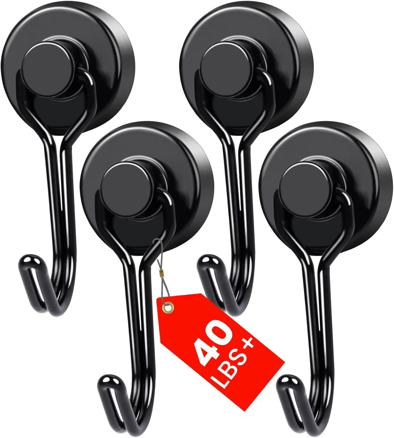 

Heavy Duty Magnetic Hooks 4 Pack, 40Lbs Neodymium Swivel Hangers for Storage, Rust Proof Black Metal