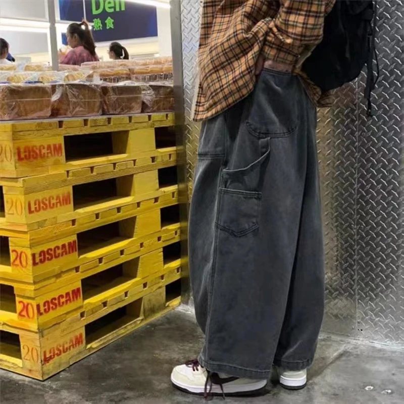 ARENS Streetwear luźne spodnie z wieloma dżinsy z kieszeniami i szerokimi nogawkami, w japońskim stylu Harajuku casualowe spodnie jeansowe odzież