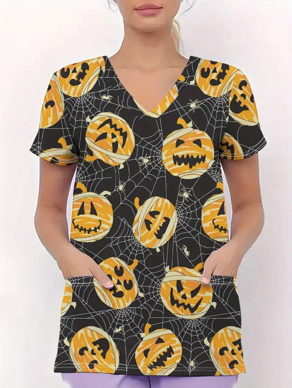 ชุดยูนิฟอร์มทางการแพทย์สำหรับผู้หญิง ลายฟักทองฮาโลวีน แฟชั่นคอวี แขนสั้น ชุดยูนิฟอร์มทางการแพทย์ลำลอง ชุดยูนิฟอร์มพยาบาลทันตแพทย์สำหรับผู้หญิง