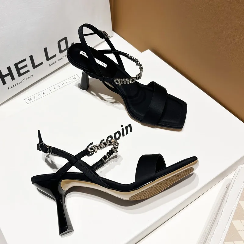 Square Toe Thin Heeled Sandals Women Summer 2024 Fashion Rhinestone Letter Design Pumps Women Cross Strap Black High Heels