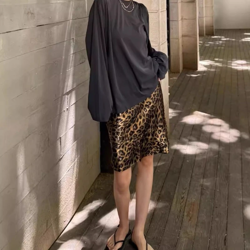 2025 Summer Sexy Slimming Elastic Skirt Gold Foil Leopard Print A-line Chic Women Skirt Flounced Edge Elegant Midi Ladies Skirt