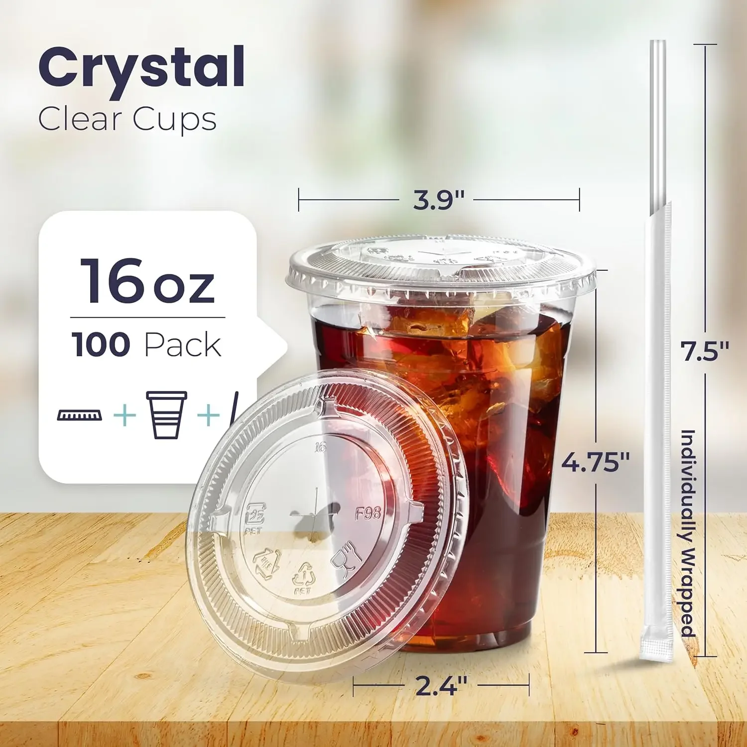 100 Pack 12/16/20/24OZ Clear Plastic Cups with Flat Lids and Straws Free BPA for Iced Coffee  Party Smoothie, Cold Drinks