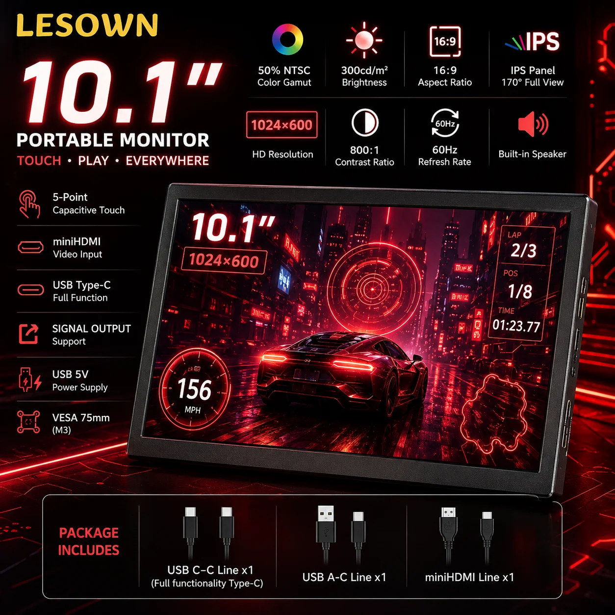 LESOWN 10.1" Touch Monitor Driver-free POS System Display 1024x600 miniHDTV Type-C Capacitive Screen