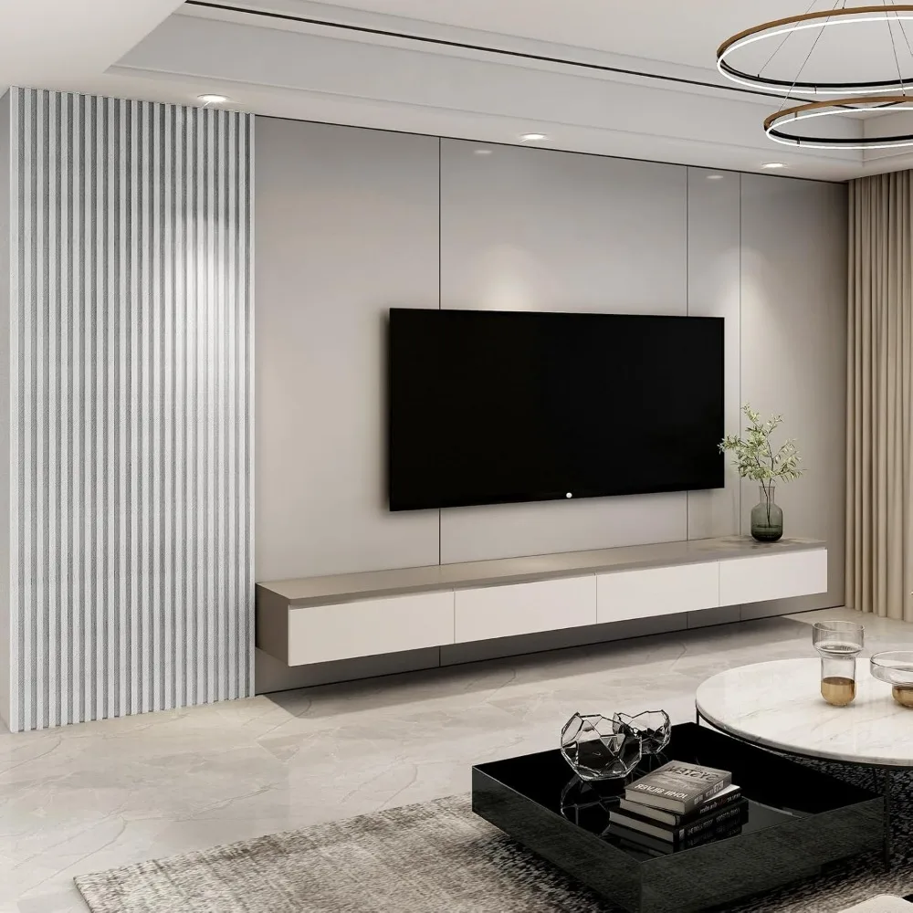 Art3d 8피스 96 x 6 WPC 음향 슬랫월 패널 현대 인테리어 디자인, TV 벽, 거실용, 무광 화이트 마감