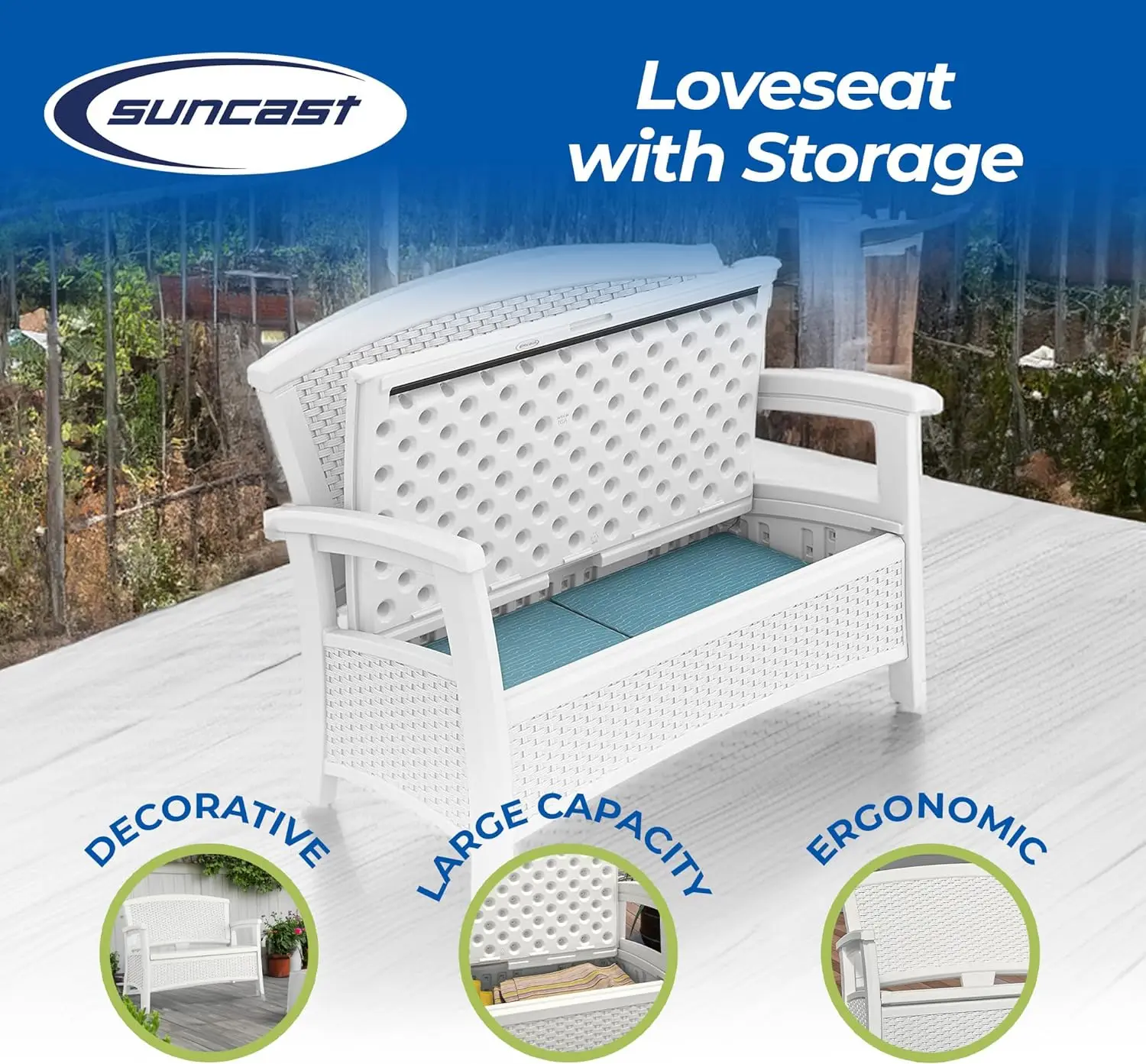 Suncast Elements Stylish Lightweight Loveseat Outdoor Seating with Convenient Built In Universal Storage, and All Weather