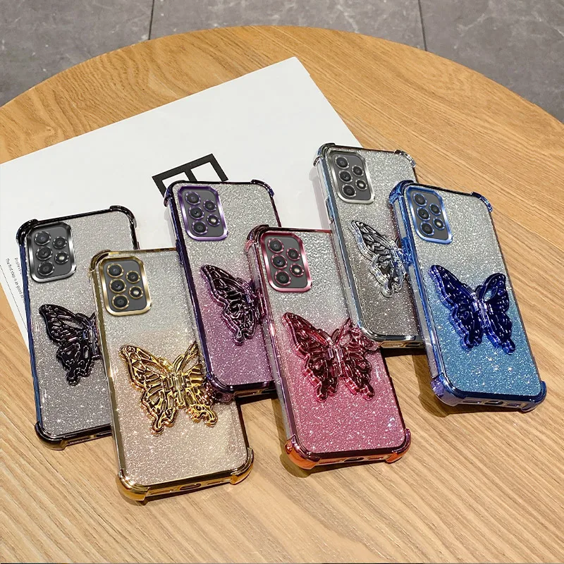 Luxury Butterfly Phone Case For Samsung Galaxy A32 5G M32 5G Glitter Pink Purple Corner Bumper Silicone Back Cover Samsung A325G