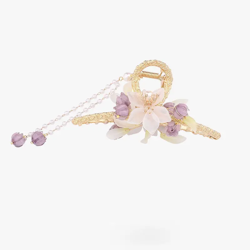 دبوس شعر خلفي بمشبك سمك القرش كبير الحجم مع نمط غابة شرابة الزنبق