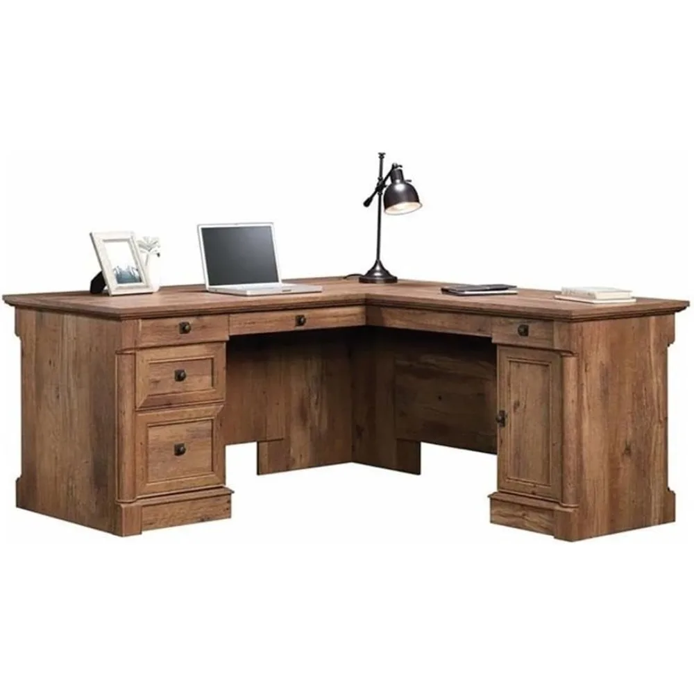 

Vintage Oak L-Shaped Home Office Desk with Computer Tower Storage and Letter/Legal File Drawer