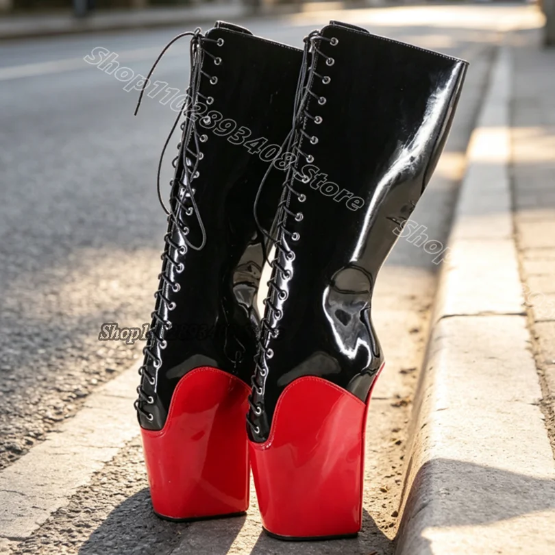 Bicolor Lace up Ballet Boots Patent Leather Strange Style New Stylish Solid British Style Dance Sexy Boots Zapatos Para Mujere