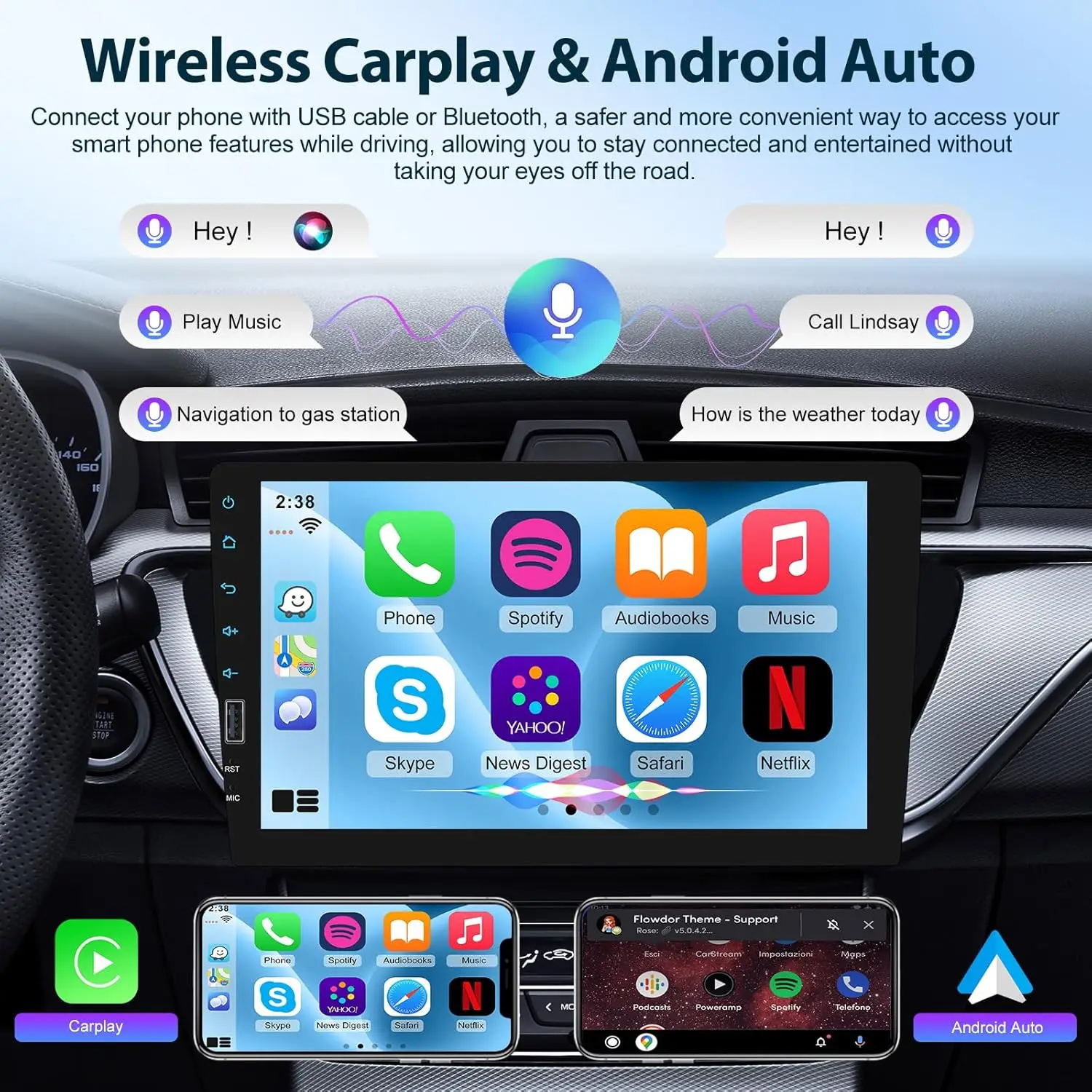 Autoradio da 9 pollici con CarPlay wireless e Android Auto, Bluetooth, MirrorLink, fotocamera di backup e microfono