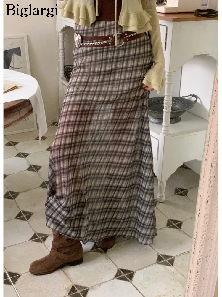 

Summer Chiffon Skirt Women Plaid Print Fashion See Through Split Ladies Skirts Ruffle Loose Korean Style Woman Long Skirt