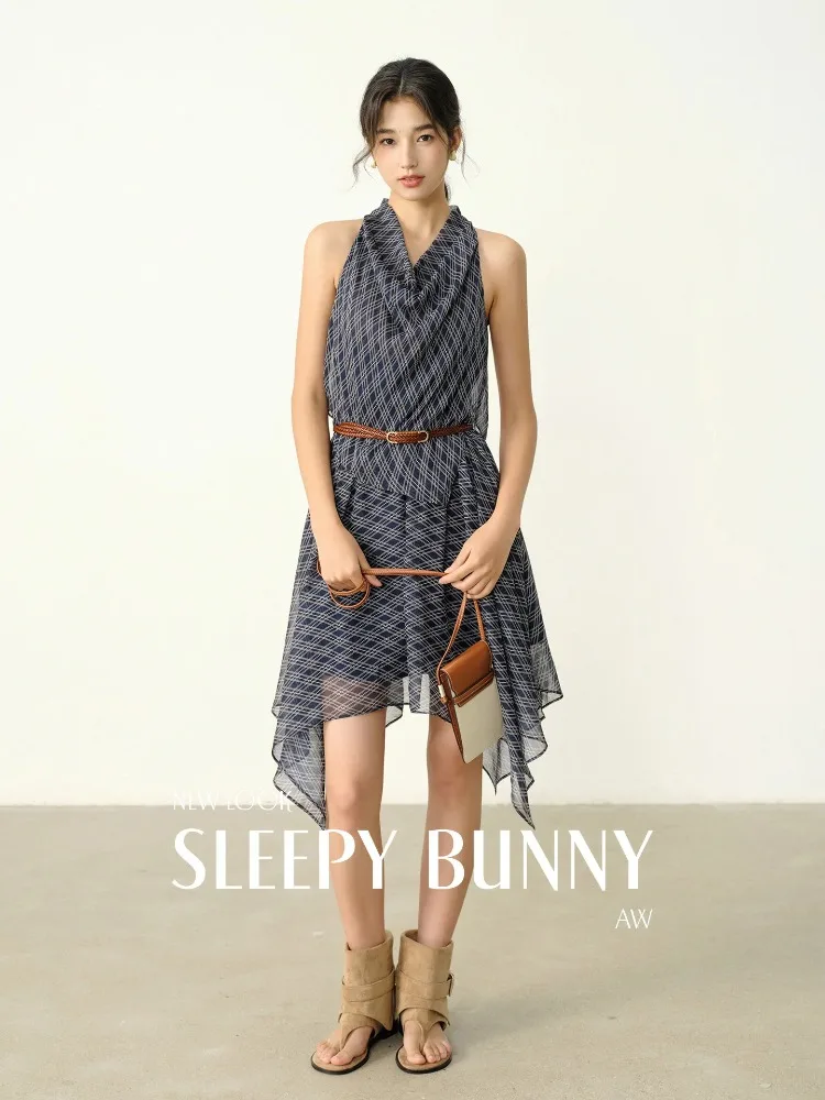 

Vintage Plaid Dress for Women Sleeveless A-Line Midi Dress High Waist Slim Fit Irregular Hem Summer Outfit Retro Two Piece Style