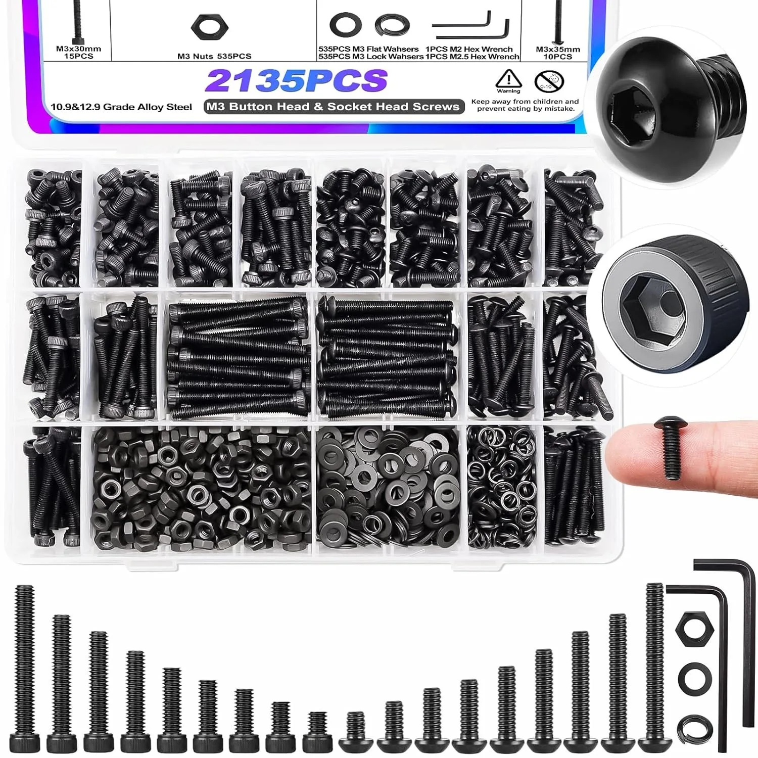 2135Pcs M3 Screw Bolt Washer Nut Set Hex 12.9 Grade Socket Button and 10.9 Grade Cap Head