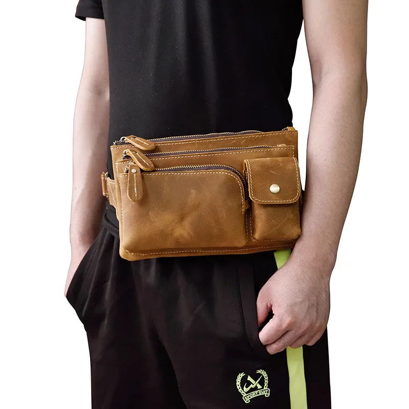 Couro genuíno grande Fanny Pack para homens, saco impermeável para cinto de quadril, saco de cintura de couro