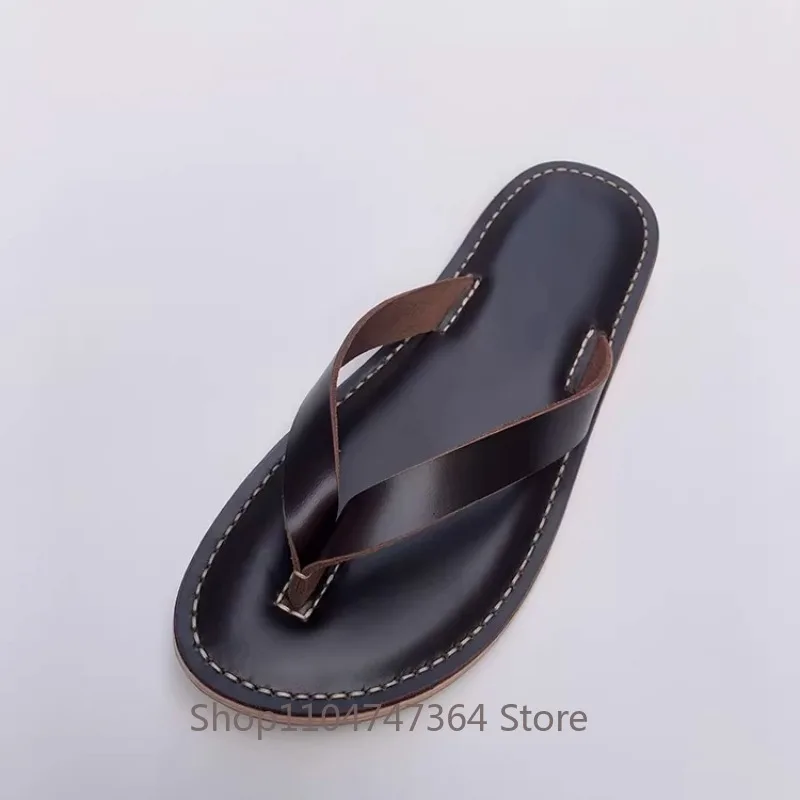 

British Handmade Outside Beach Slippers Men's Shoes Summer Flip-Flops Genuine Leather Casual Fashion Sandals Male Brown