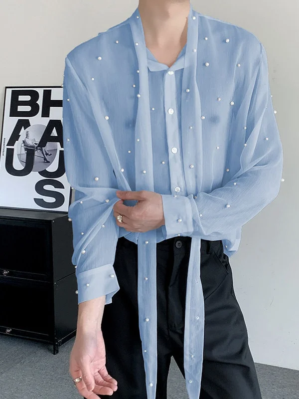 

Lightweight Breathable Blue Men's Long Sleeve Shirt Handmade Bead Design Sun Protection Fashionable Youth Polyester Fiber
