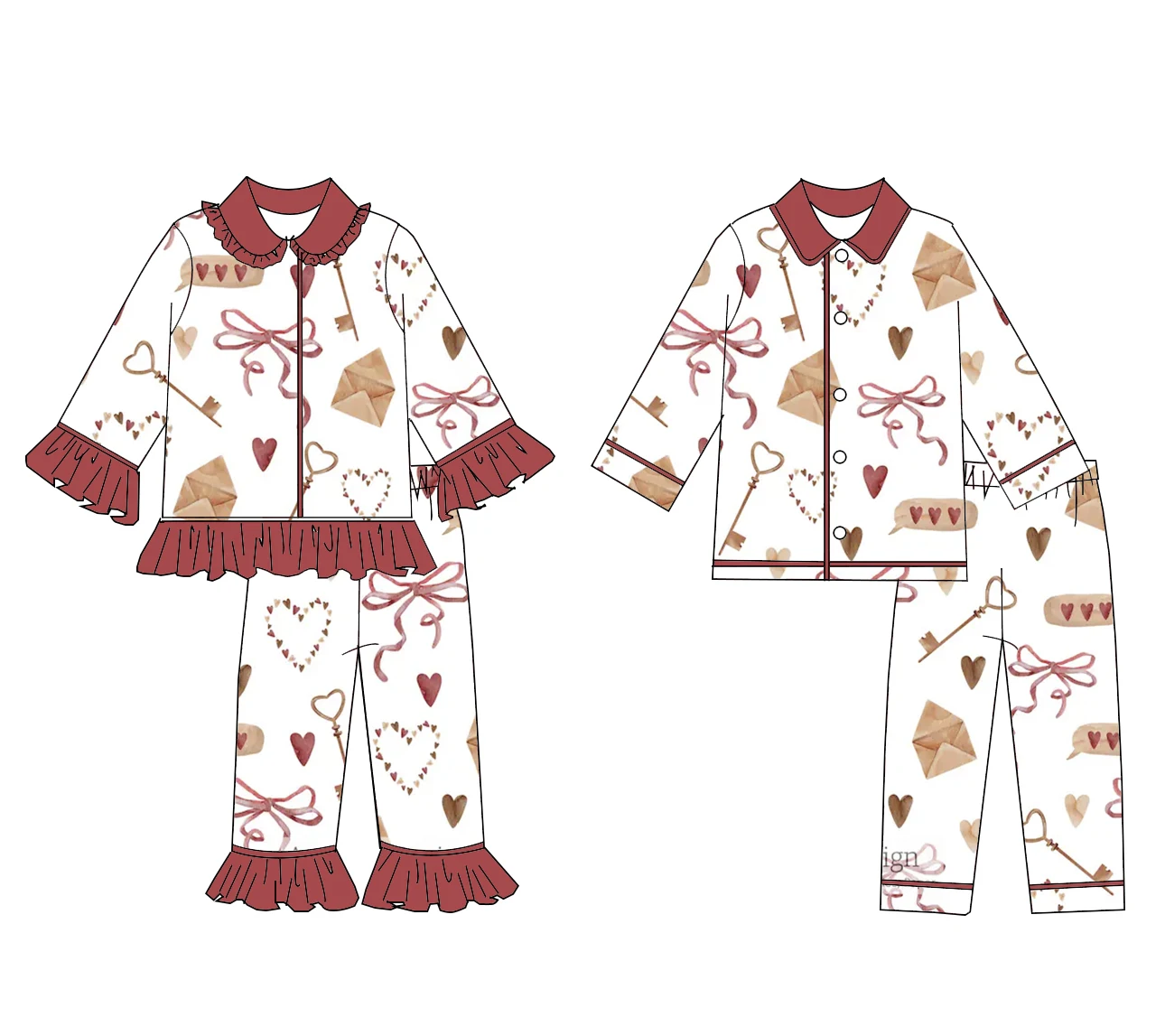 

Valentine's Day new love bow print boys and girls red lapel long-sleeved trousers boutique pajamas set
